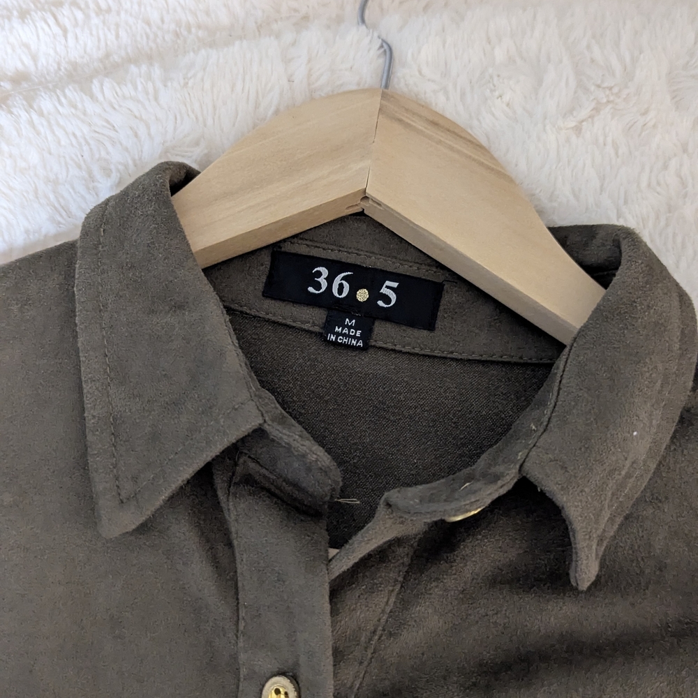 Women's Olive Green Button-Front Flared Suede Shirt Dress - Picture 10 of 14